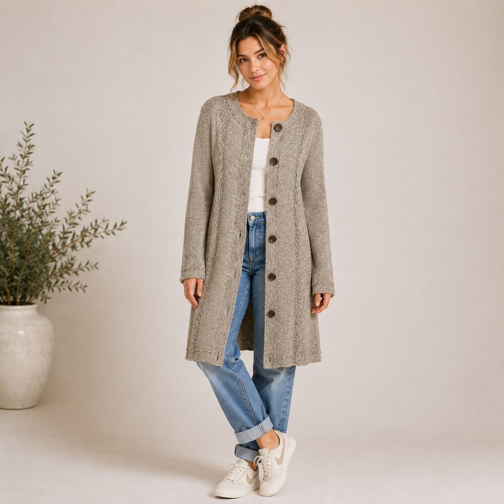 Coldwater Creek Cardigan Duster Sweater Womens Size M Western Wooden Buttons